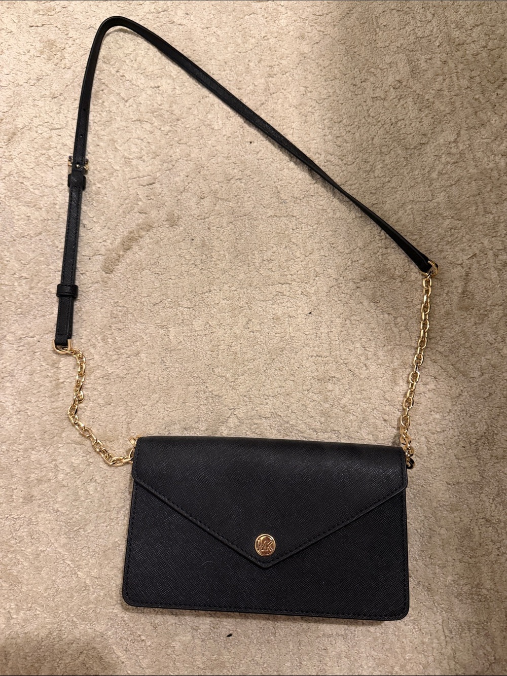 Michael Kors Black Crossbody Envelope Bag with Gold Chain Strap